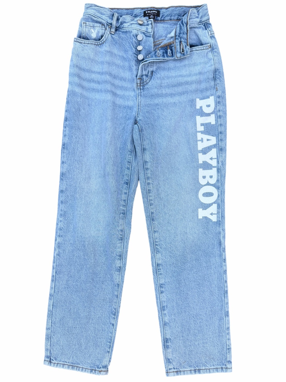 Playboy x PacSun High Waisted Straight Leg Jeans 25 Blue Button Fly Spellout EUC